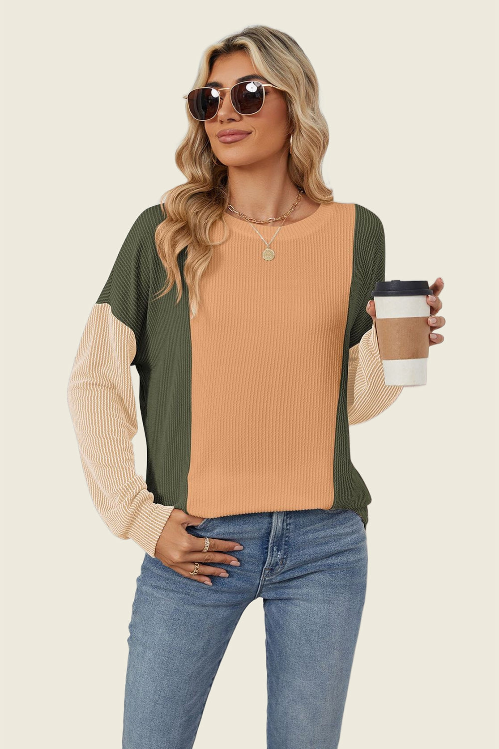 Double Take Texture Contrast Round Neck Long Sleeve T-Shirt