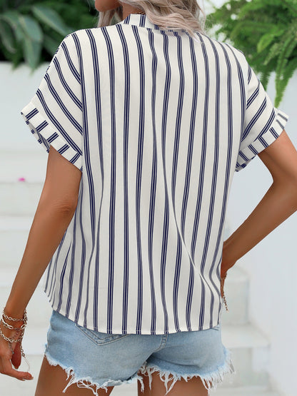 Striped Notched Short Sleeve Blouse