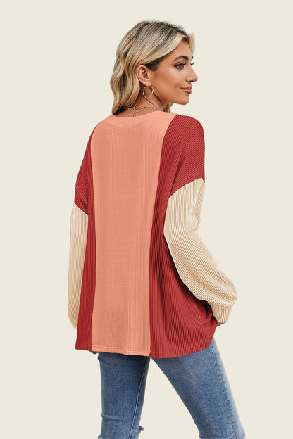 Double Take Texture Contrast Round Neck Long Sleeve T-Shirt