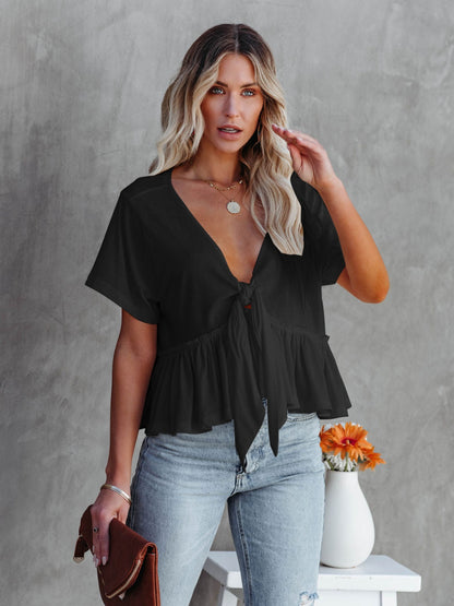 Tied Plunge Short Sleeve Blouse