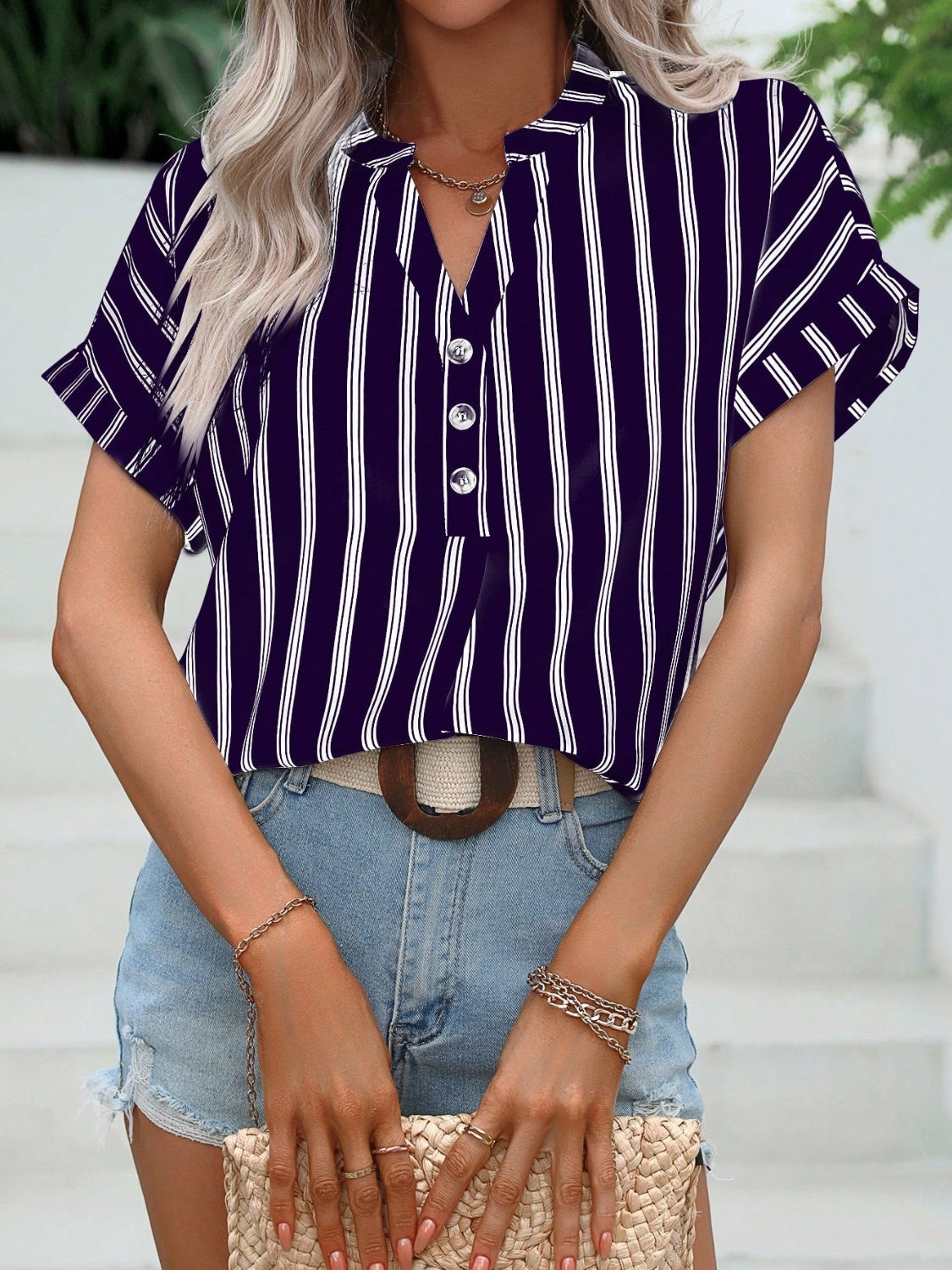 Striped Notched Short Sleeve Blouse