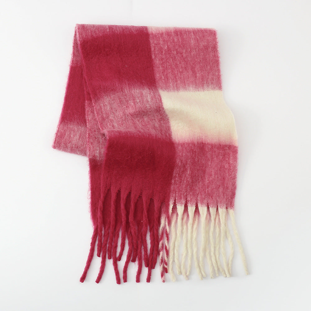 Fringe Contrast Plaid Polyester Scarf