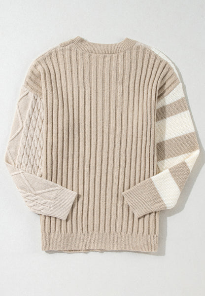 Cable-Knit Color Block Round Neck Sweater