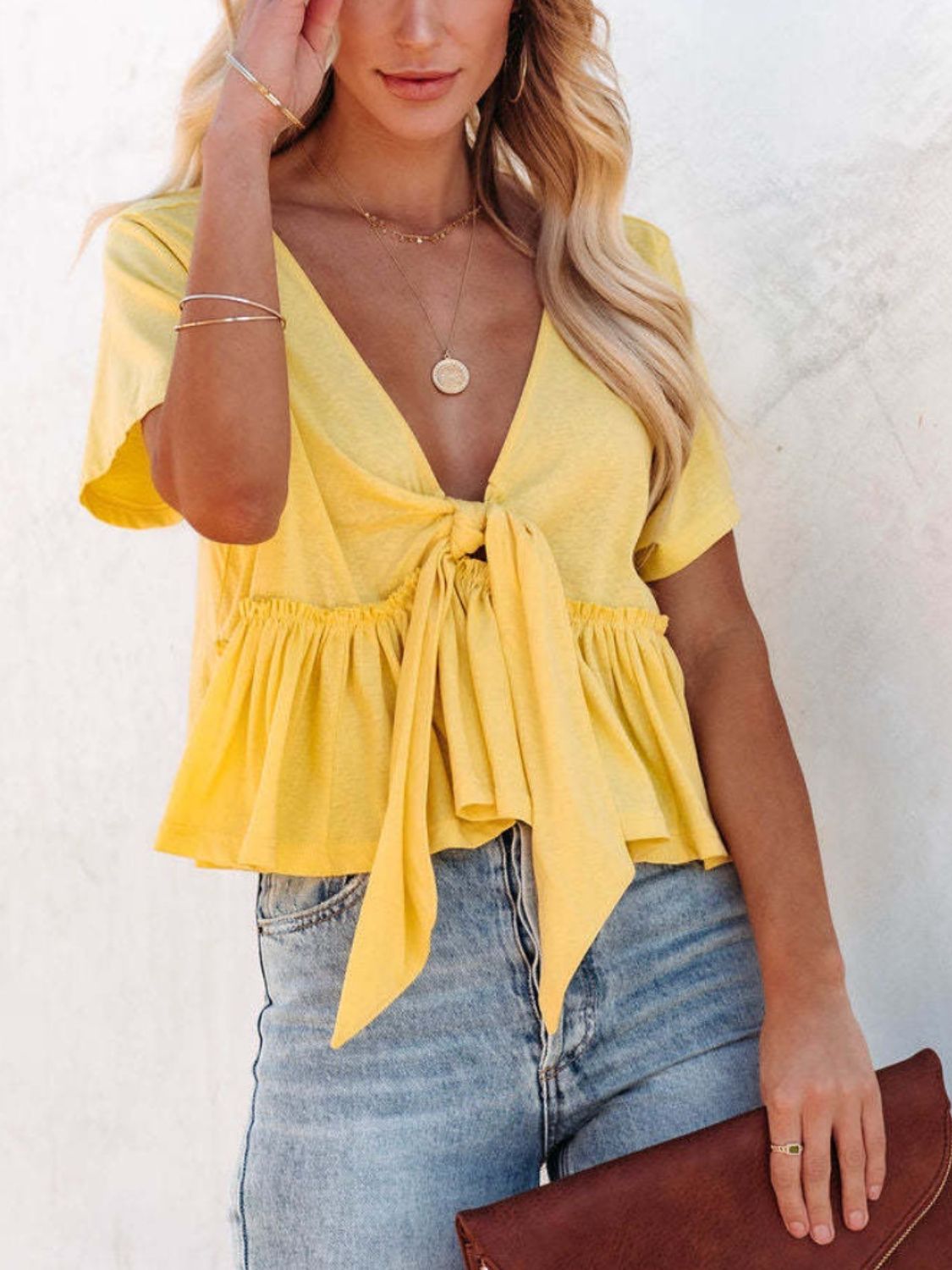 Tied Plunge Short Sleeve Blouse