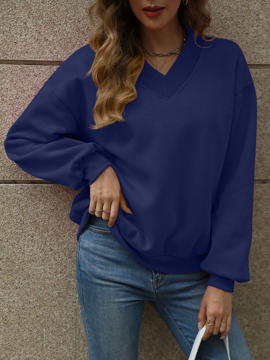 V-Neck Long Sleeve Dropped Shoulder Sweatshirt