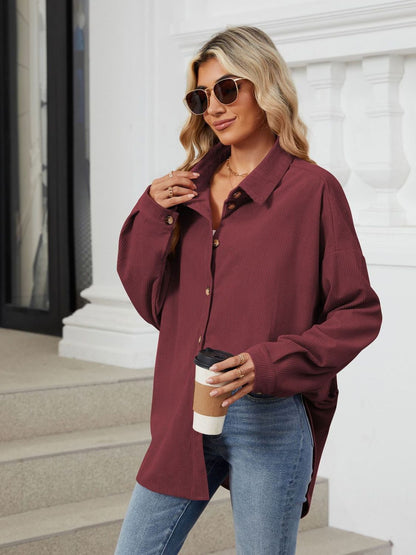 Collared Neck Long Sleeve Dropped Shoulder Shirt