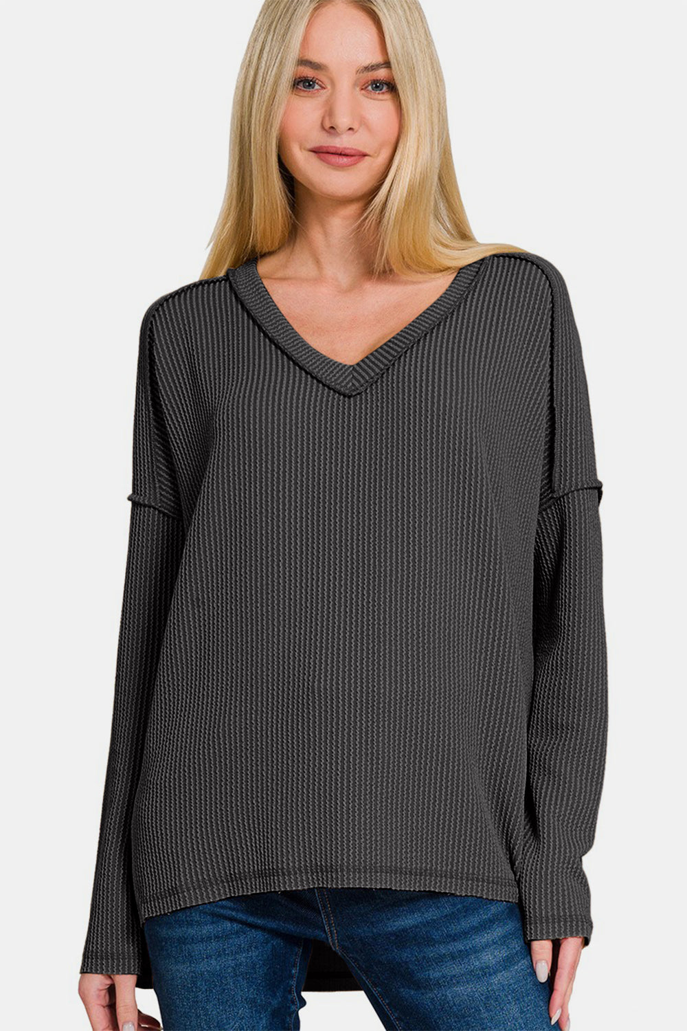 Zenana Texture Exposed Seam V-Neck Long Sleeve T-Shirt