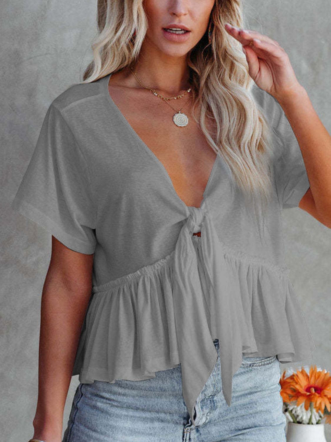 Tied Plunge Short Sleeve Blouse