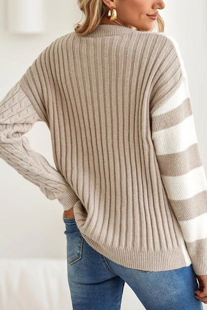 Cable-Knit Color Block Round Neck Sweater