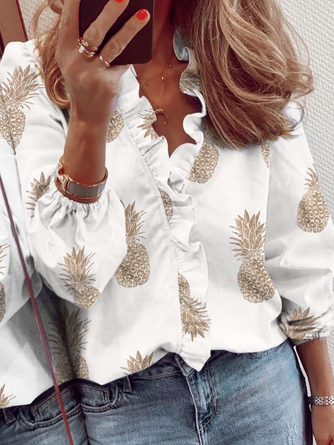 Ruffled Printed V-Neck Long Sleeve Blouse